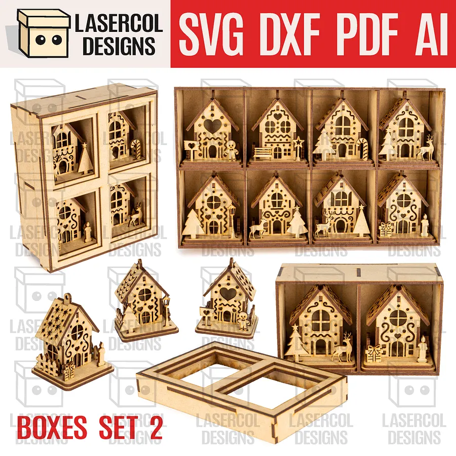 Christmas Houses Ornaments Boxes Bundle (Set 1-2) - Laser Cut Files product image (4)