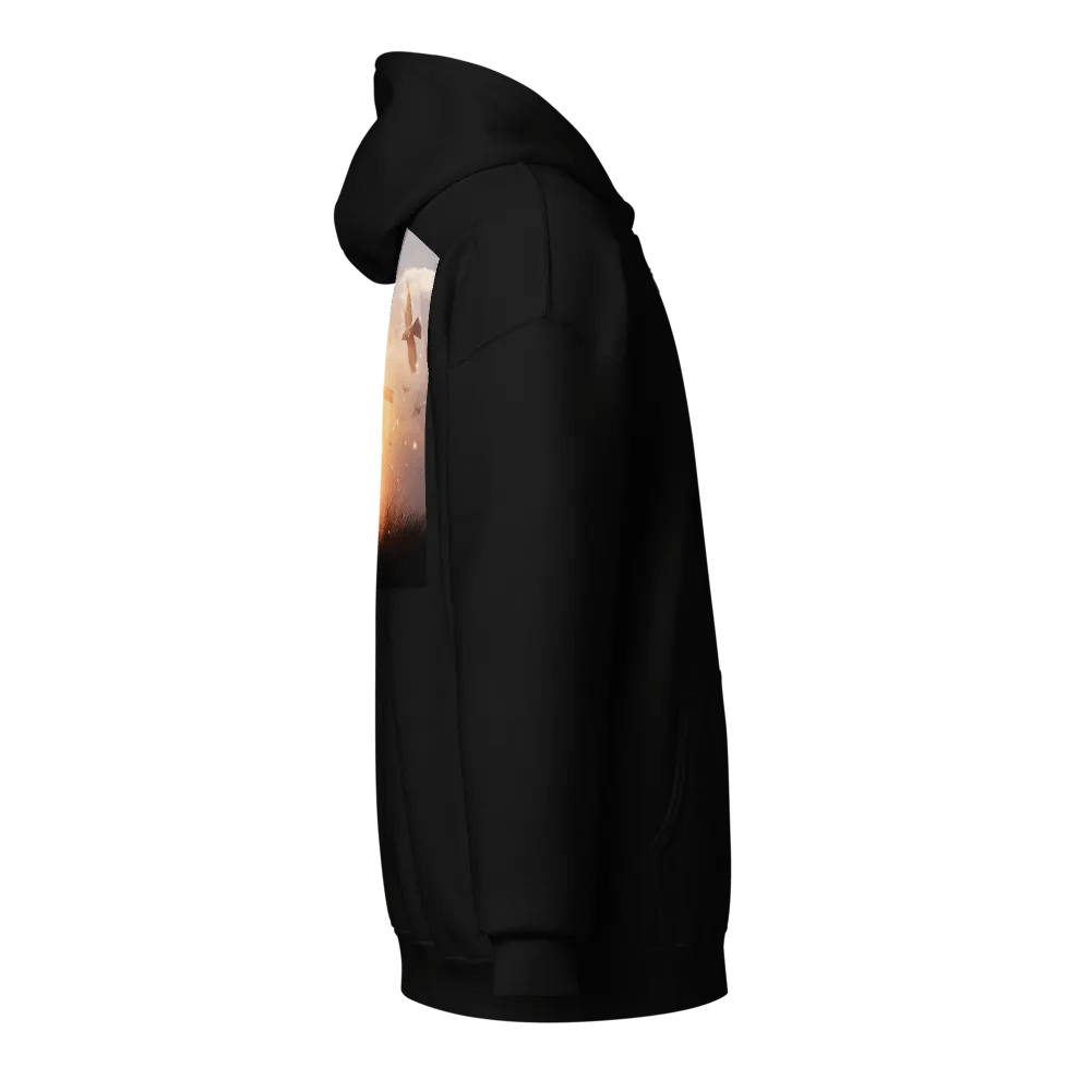 Radiant cross illuminated by a bright, golden light, set against a soft & glowing sunrise background & doves Hoodie product image (4)