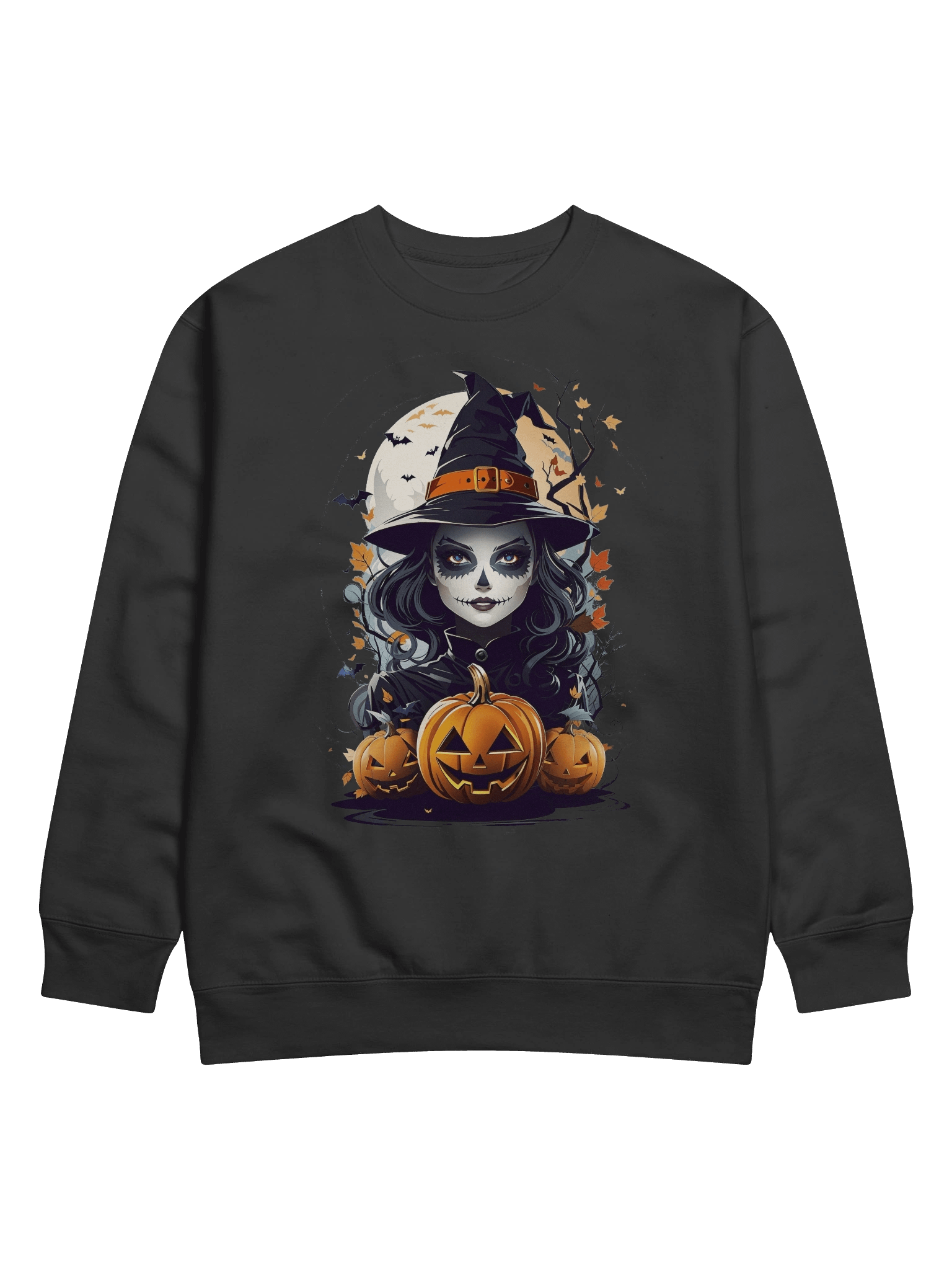 Witch and Pumpkins Sweatshirt – Gothic Halloween Pullover, Spooky Witch & Jack-o’-Lanterns Sweater product image (1)