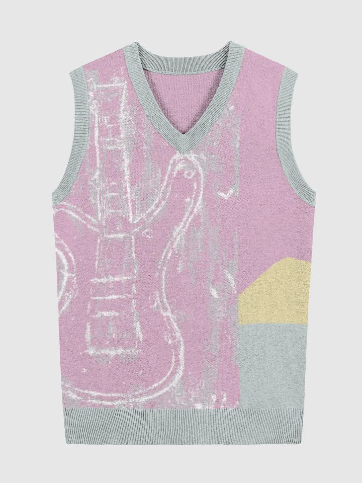 My guitar (art&design by Dina R.) (acrylic painting picture) - Knitted V-Neck Vest product image (1)