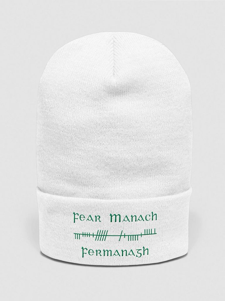 Fermanagh/Fear Manach, White with Green, Orthodox style Ogham embroidered Cuffed Beanie product image (1)