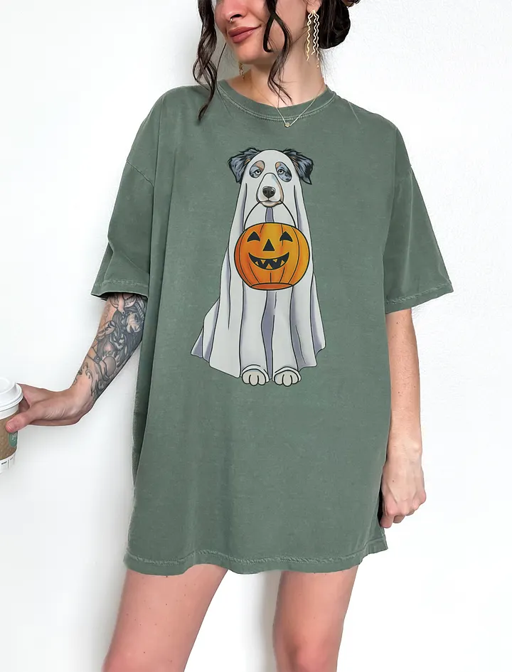 Australian Shepherd Halloween Tee | Funny Halloween Aussie Wearing a Ghost Costume & Pumpkin Basket product image (1)