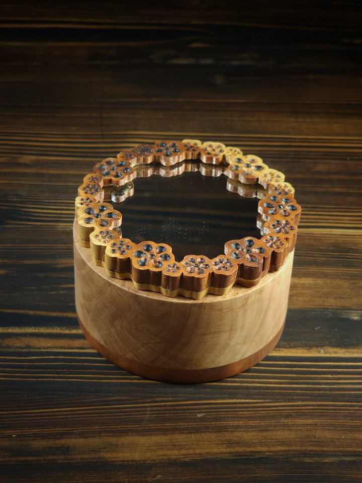 Handcrafted Cylindrical Wooden Box with Mirror Lid – Floral Carved Design product image (1)