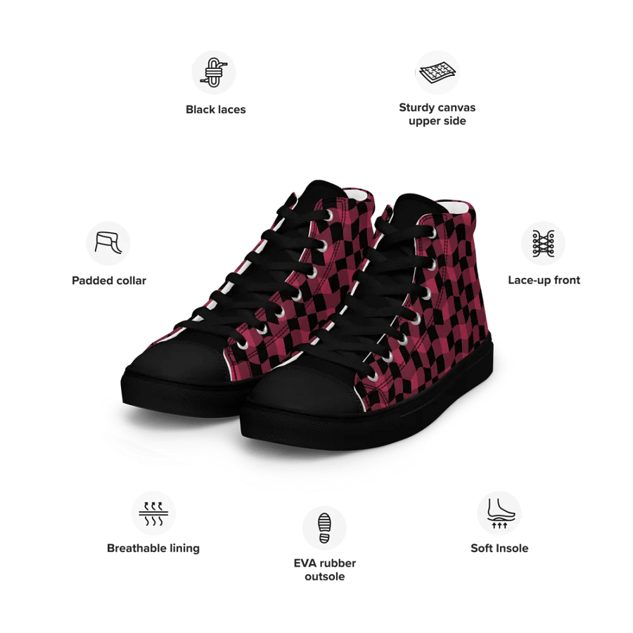 Magenta and Black Warped Checker Men's High Top Canvas Shoes product image (11)