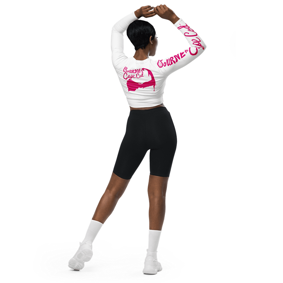 BOURNE to Cape Cod™ Crop Top | BRN.2C.C.™ Coastal Bold | Recycled Long Sleeve Statement Wear 🌊💃☀️ | Vibrant Pink Logos on White product image (5)