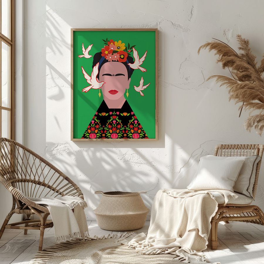 Frida Kahlo with Birds Folk Art Illustration Colorful Poster product image (10)