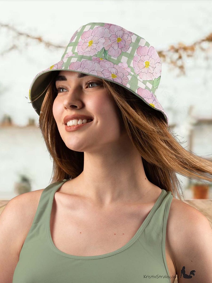 Pink Flowers on Gingham and Solid Green Reversible Bucket Hat product image (3)