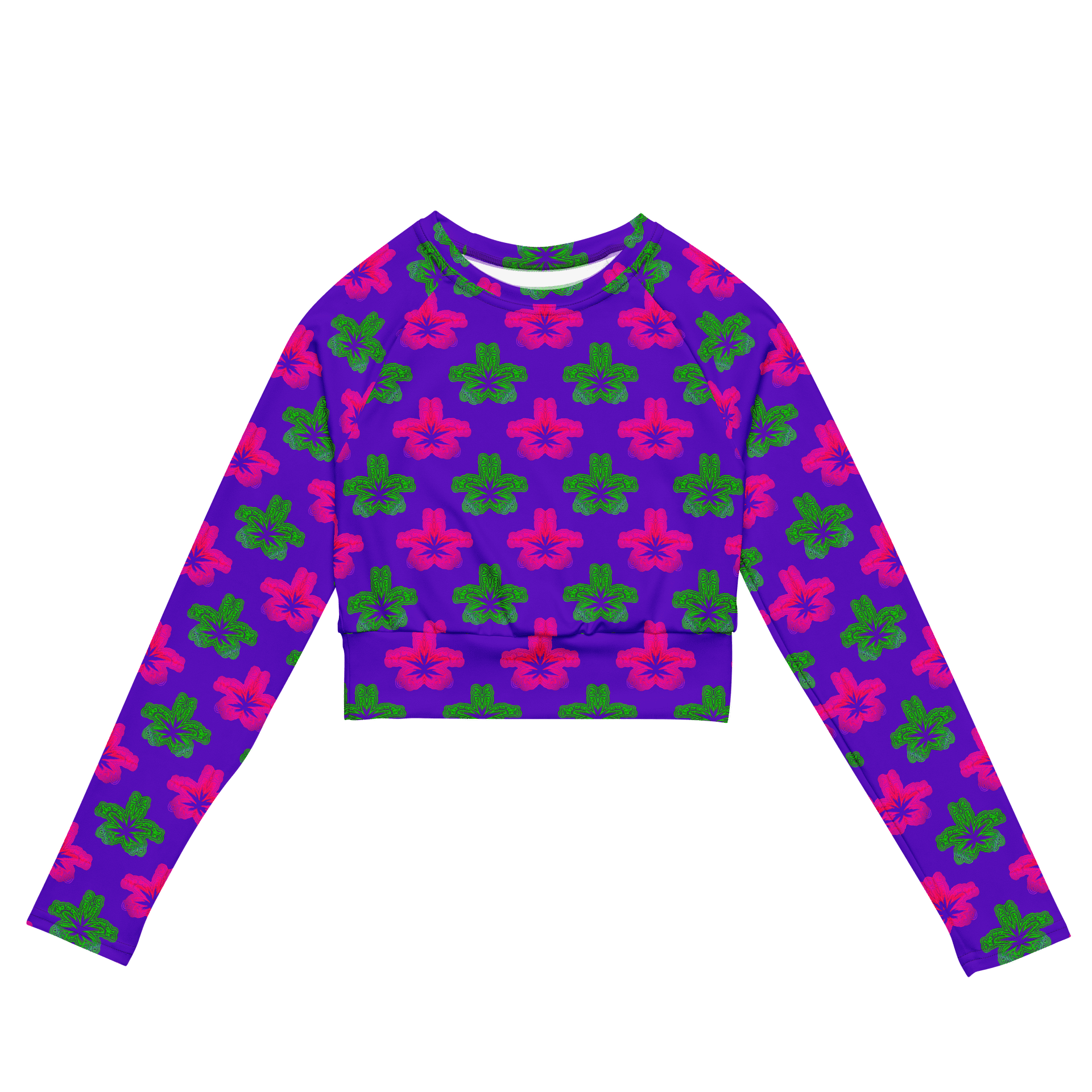 Cannabis 420 Flower Recycled Long-Sleeve Crop Top, Stoner Summer Weed Shirt, Neon Green Pink Purple Pot Leaf Reefer Raver Festival Fashion product image (2)