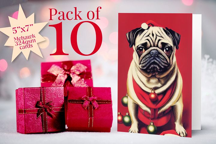 Retro Pug Dog Christmas Cards Pack of 10 • 5×7 product image (2)
