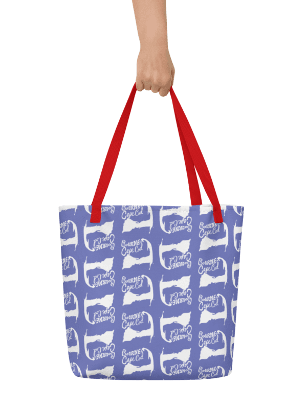 BOURNE to Cape Cod™ | Large Tote Bag with Pocket | Coastal Classic | All-Over Logo Print | White Logo Repeat on Slate Blue product image (1)