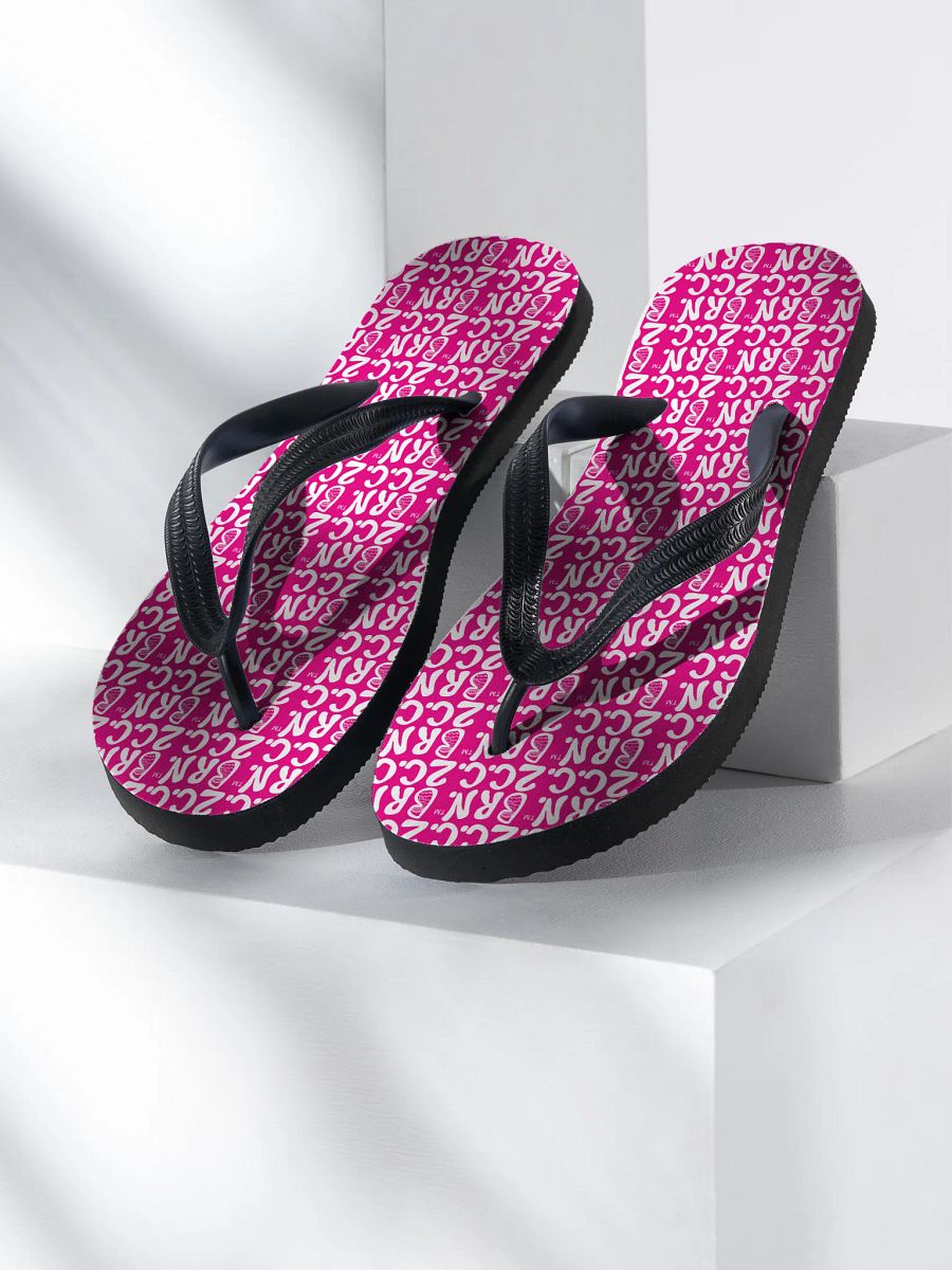 BOURNE to Flip Flop™ | Cape Cod Vibes for Your Soles | Mini BRN.2C.C. Logo Repeat Sandals | White Logo on Vibrant Pink product image (1)