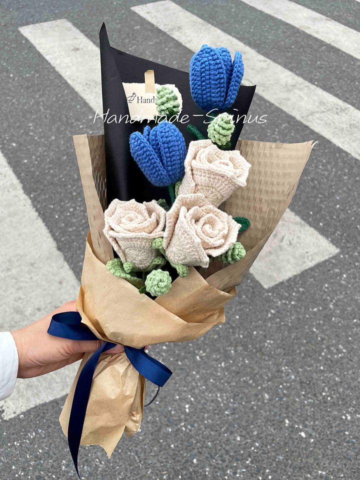 Beige + Blue Fresh & Clean Crochet Knit Bouquet product image (1)