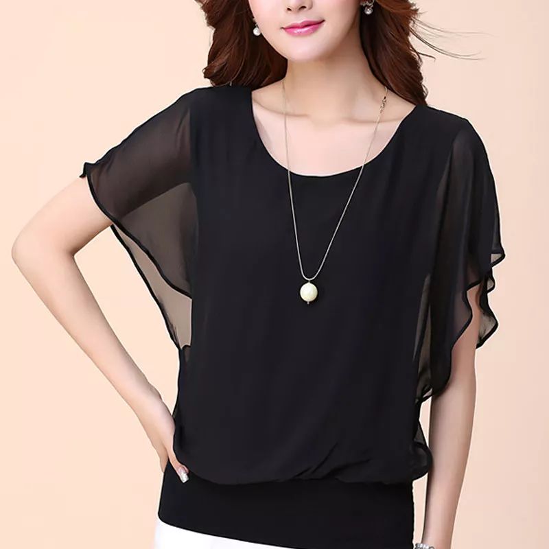 Women Batwing Short Sleeve Chiffon Shirt Summer Tops Loose Blouse Fall Polyester product image (3)