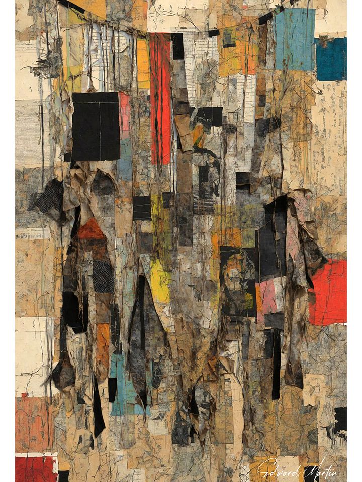 'By a Thread' By Edward Martin: Mixed Media Collage Print:Abstract Collage Earth Tones Poster product image (1)