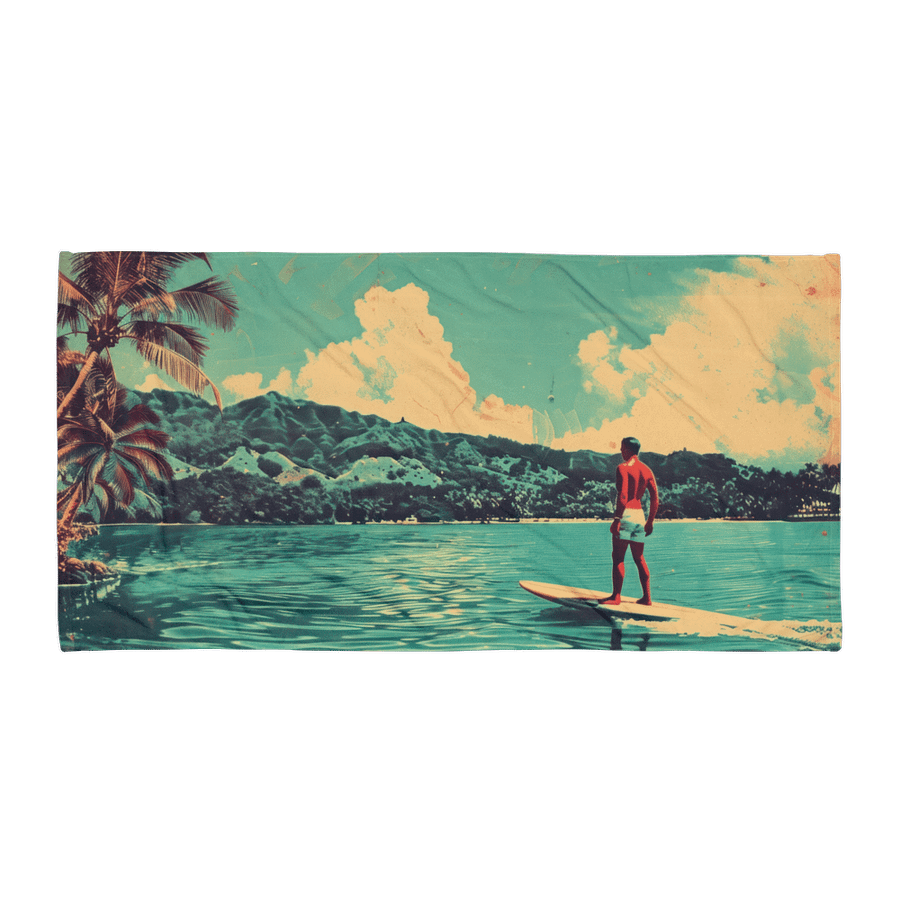 VINTAGE SURFER BODY TOWEL – 30"x60", COTTON TERRY BACK, RETRO ISLAND SCENE product image (1)