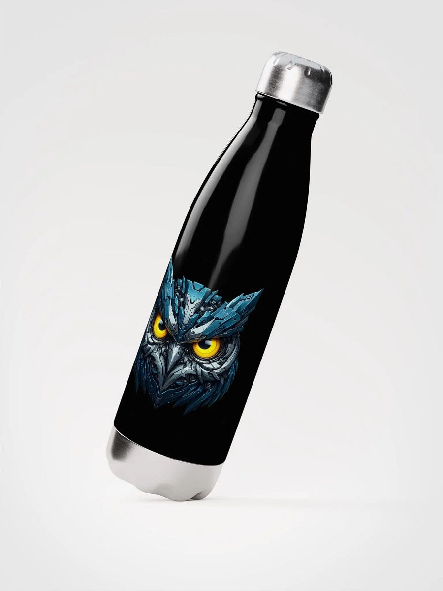 Black Stainless Steel Water Bottle with Blue Iron Owl Robot Design product image (2)