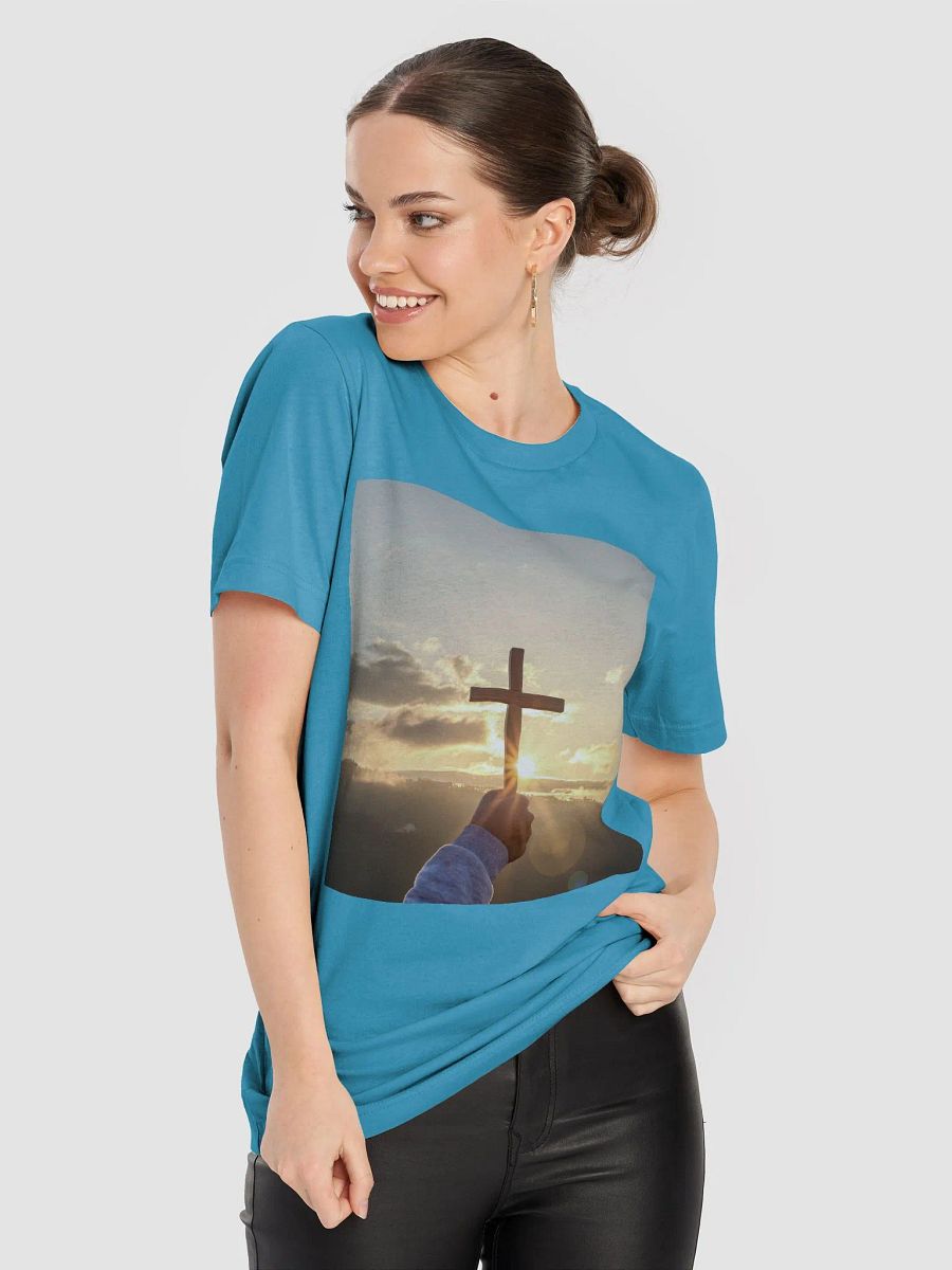 Wooden cross being held up against the backdrop of a sunrise t-shirt product image (5)