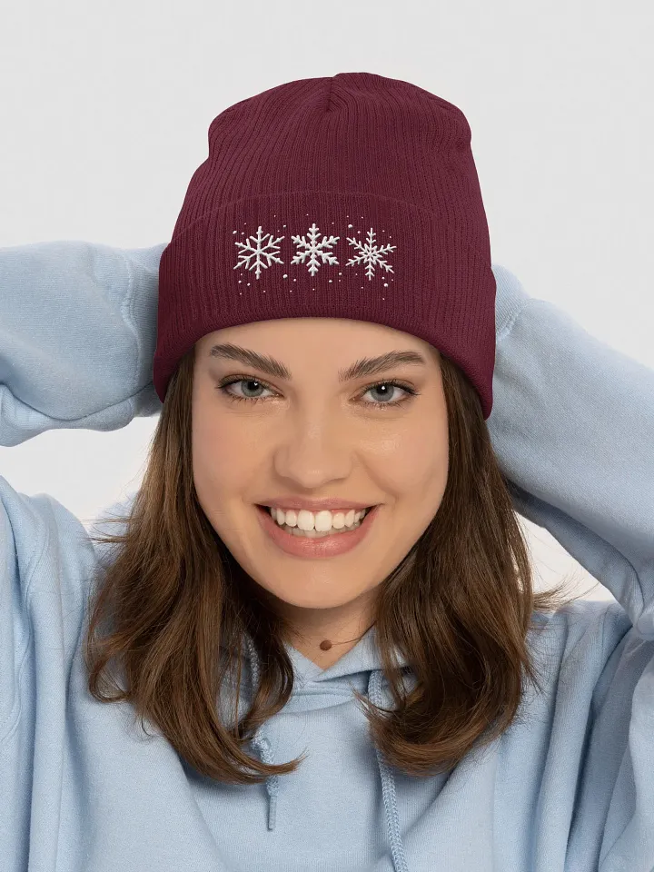 White Snowflakes Embroidered Cotton Ribbed Beanie product image (2)