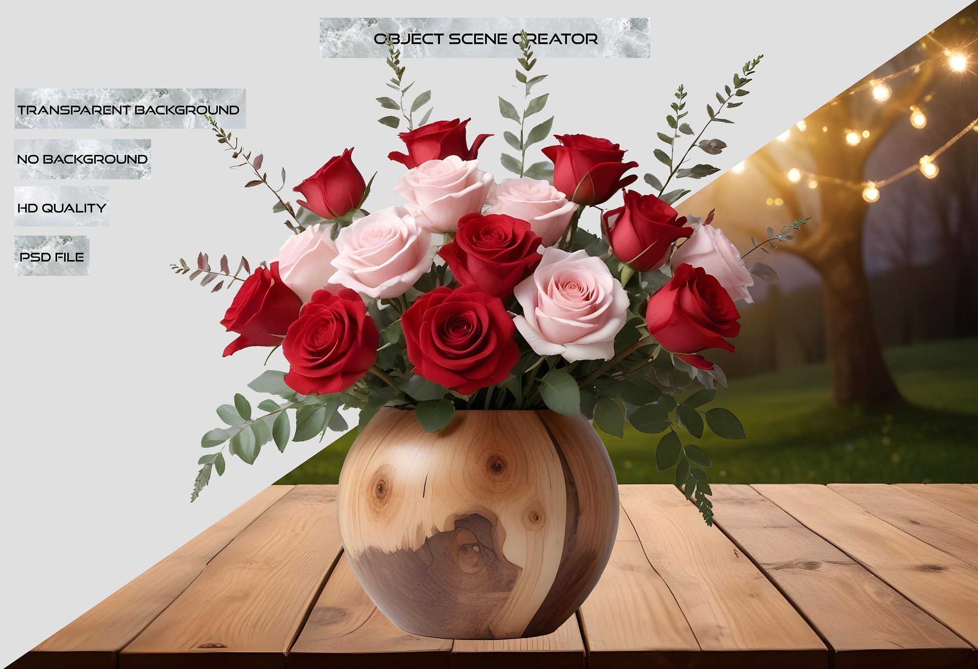 Romantic Elegance – Wooden Vase and rose PNG product image (2)