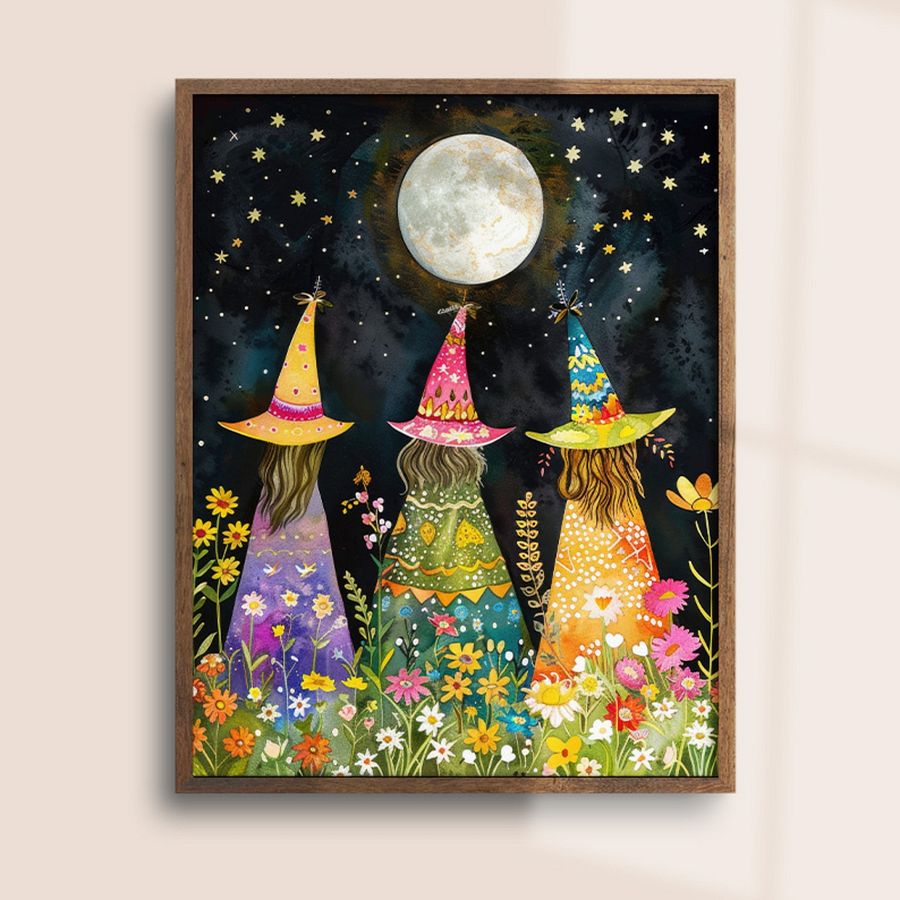Whimsical Witches Under The Fullmoon Colorful Art Print product image (29)