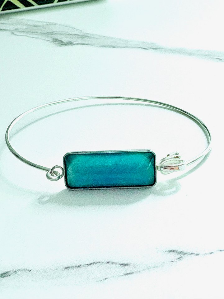 ⚡ Electric Tide Bangle | 7" Silver-Plated Wire Bracelet with Blue Green Rectangle Charm | Handmade Coastal Charm Jewelry by Monique Faella Designs™ | MFD-00172 product image (2)