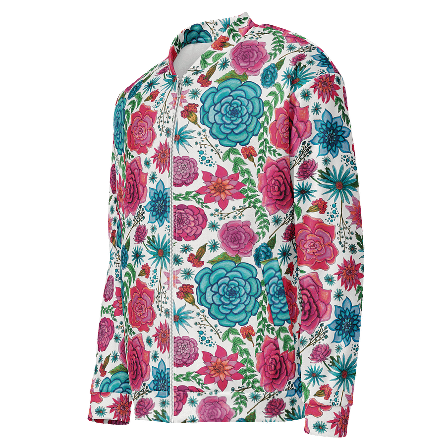 🌸 Bold Blooms, Bold Moves | Pink + Blue Floral on White | Unisex Bomber Jacket | Monique Faella Designs™ product image (3)