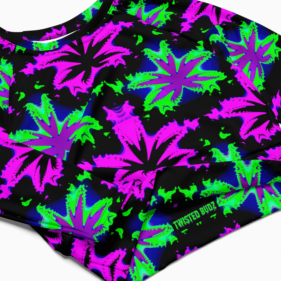 Neon Raver Reefer Stoner Summer Recycled Long-Sleeve Crop Top, Black Hot Pink Green Ganja Weed Shirt, 420 Cannabis Festival Pot Leaf Fashion product image (1)