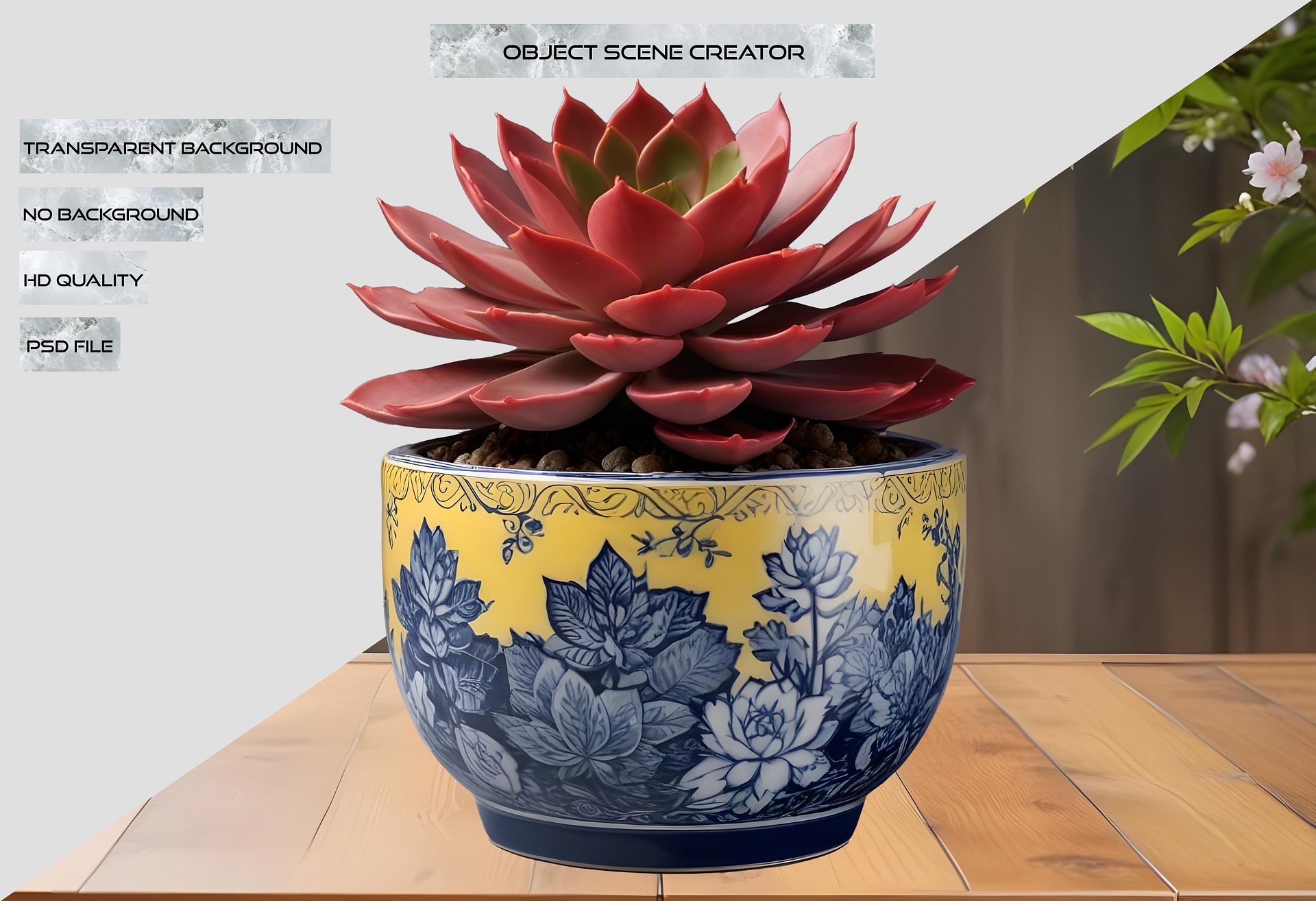 Chinese Porcelain Pot with Yellow and Navy Floral Design PNG product image (2)
