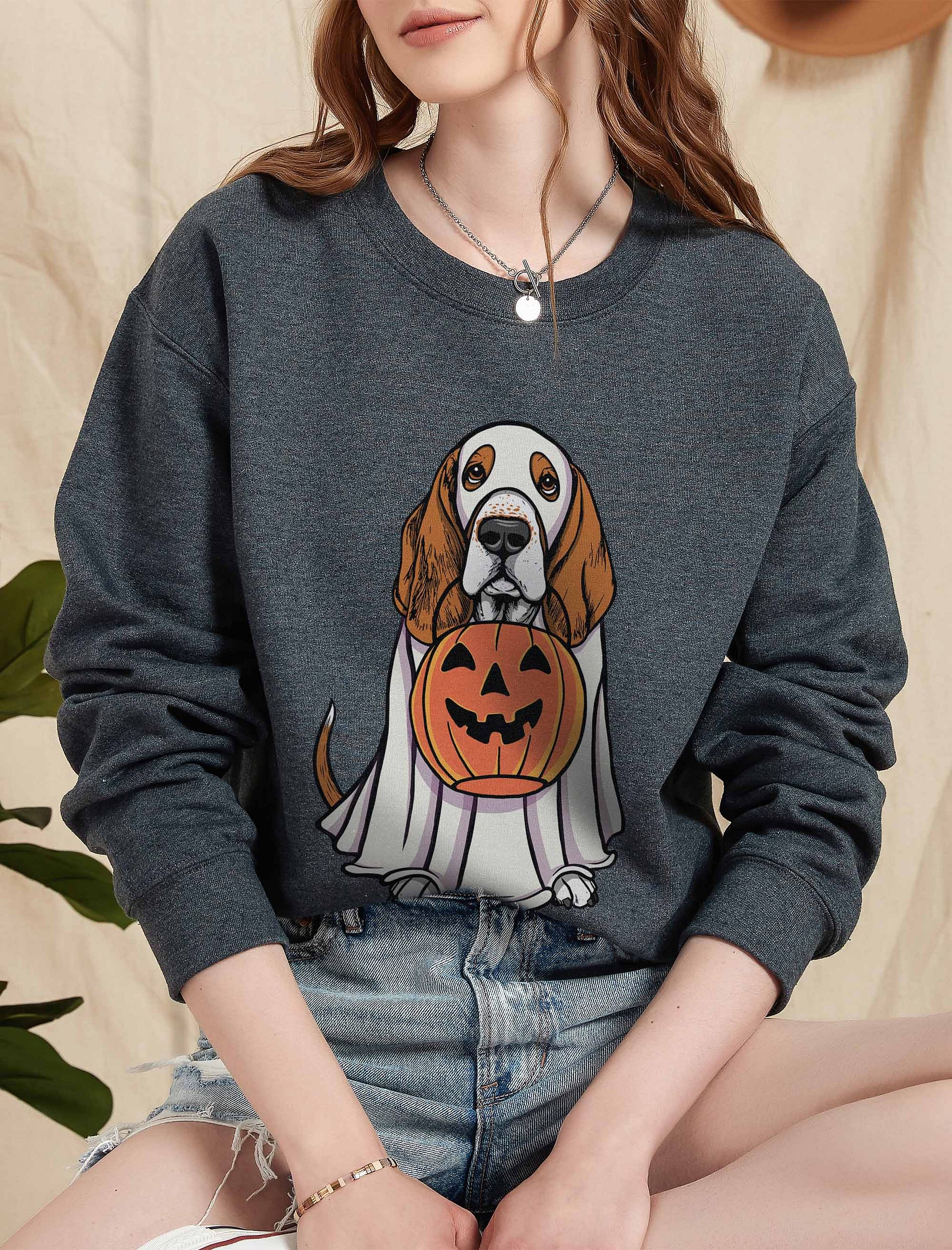 Funny Halloween Basset Hound Sweatshirt | Funny Basset Hound Wearing a Ghost Costume and Holding a Pumpkin Basket product image (2)