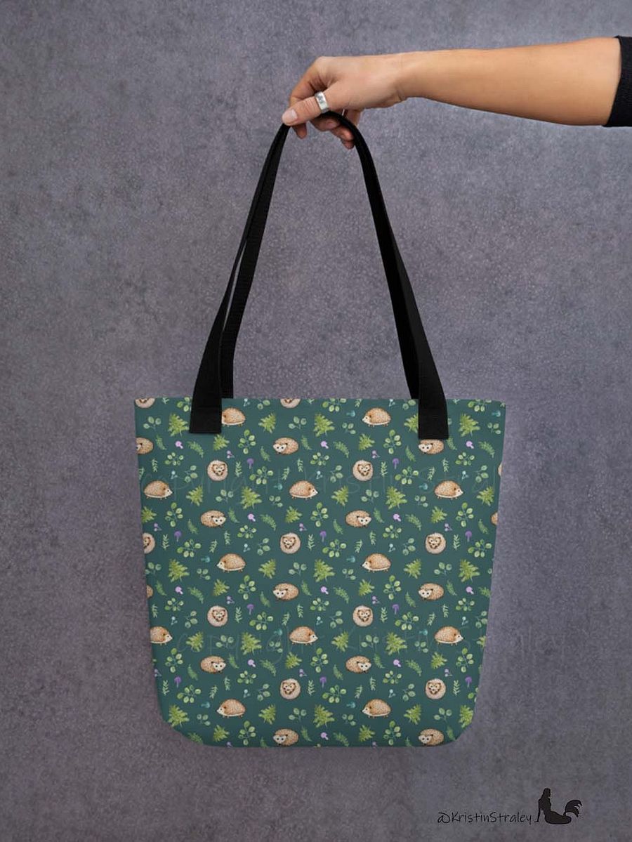 Hedgehogs with Ferns and Mushrooms on Dark Teal Tote Bag product image (6)