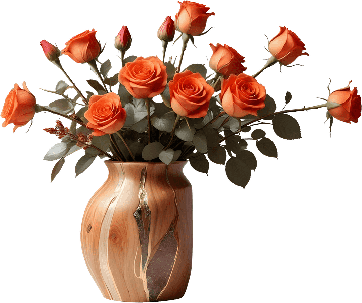 Rustic Wooden Vase with Orange Roses PNG product image (1)