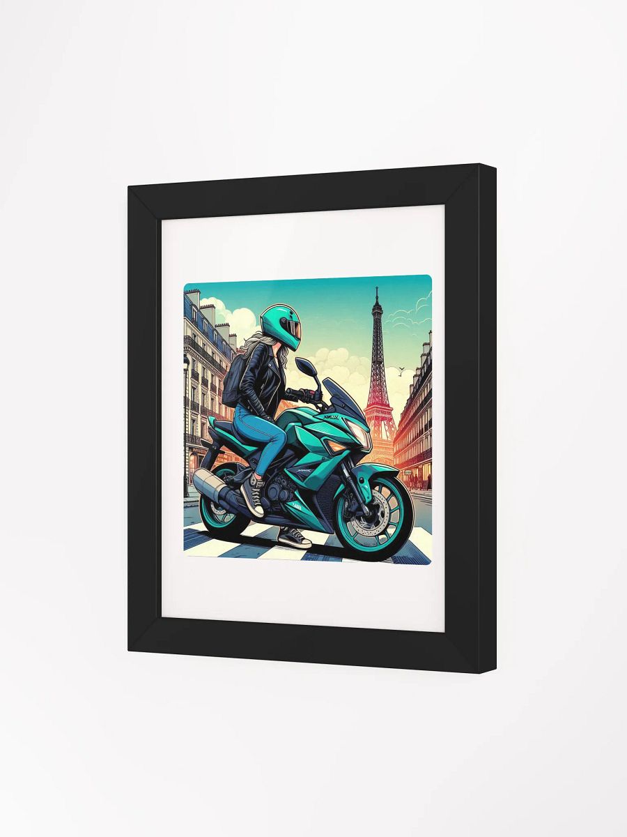 Vibrant Ayous Wood Framed Matte Poster | Biker women in Paris city France AIwork product image (3)