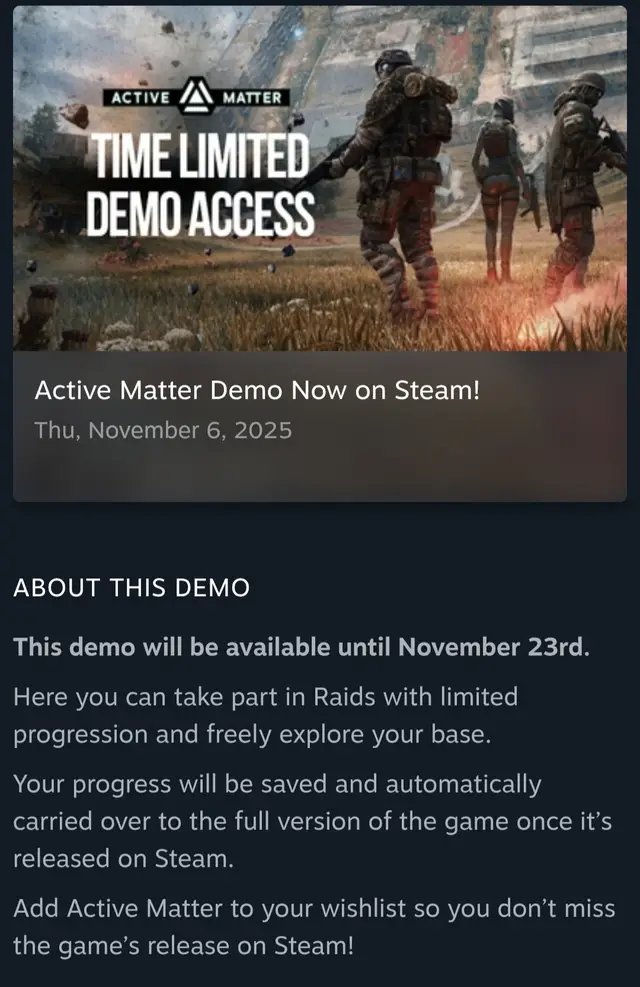 📢 ACTIVE MATTER DEMO ON STEAM! ENDS NOVEMBER 23RD! 🔗https://store.steampowered.com/app/2887580/Active_Matter/ #ActiveMatter