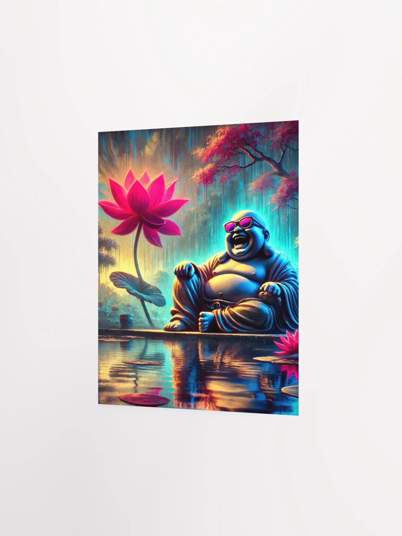 Vibrant Buddha Poster: Laughing Buddha Sitting Next to Pond product image (2)