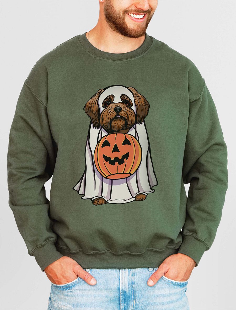 Funny Halloween Shih Tzu(Red) Sweatshirt | Funny Dog Wearing a Ghost Costume and Holding a Pumpkin Basket product image (15)