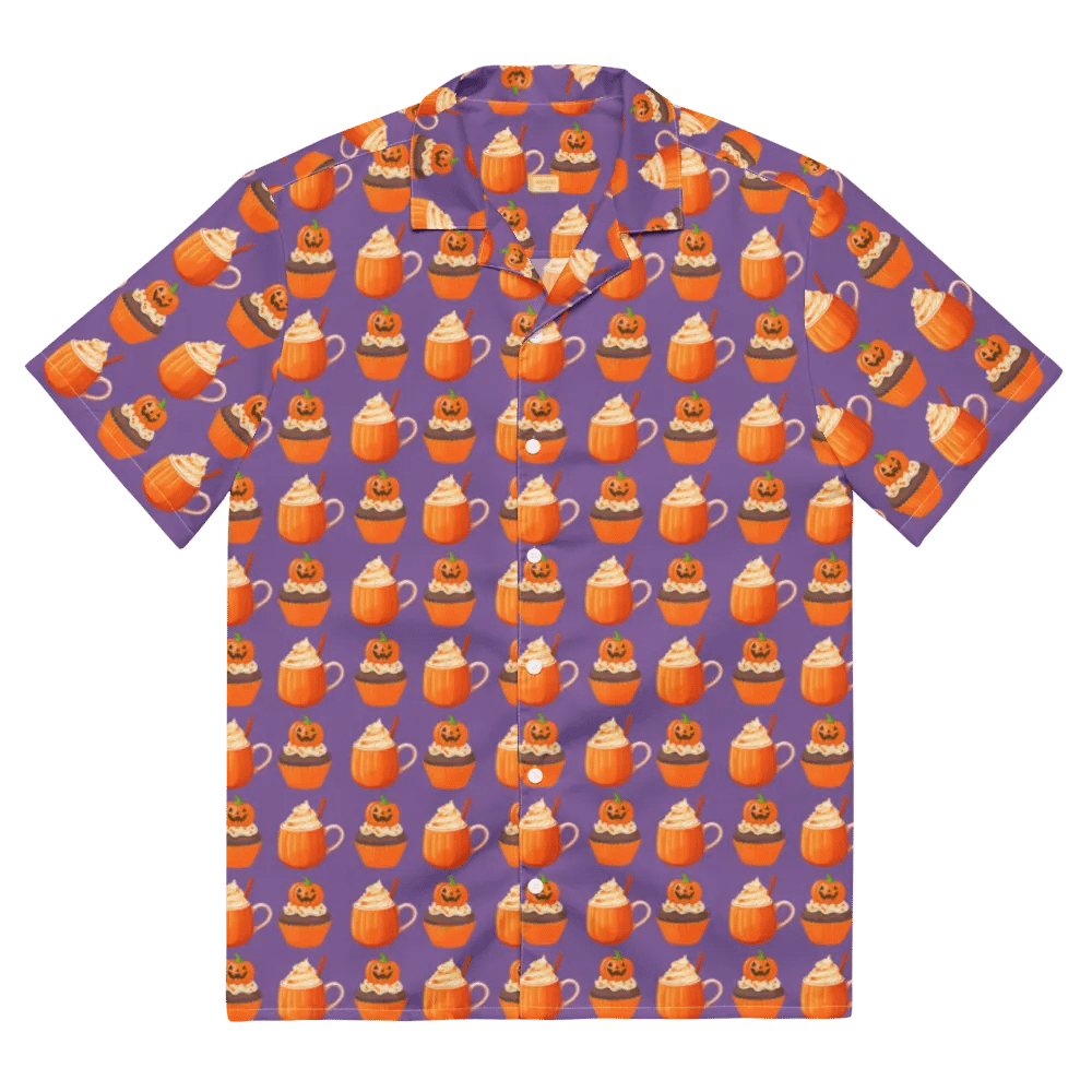 Halloween tea party pumpkin cupcake pumpkin spice latte Unisex Hawaiian Button Shirt product image (2)