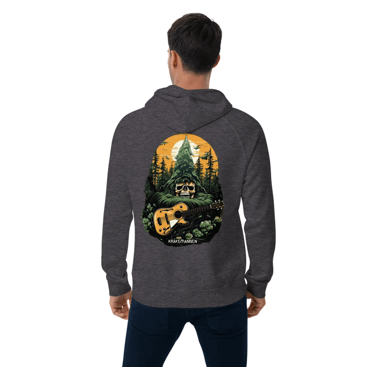 Unisex Eco Raglan Hoodie 🌲 Skeleton head with a guitar in a spruce forest product image (2)