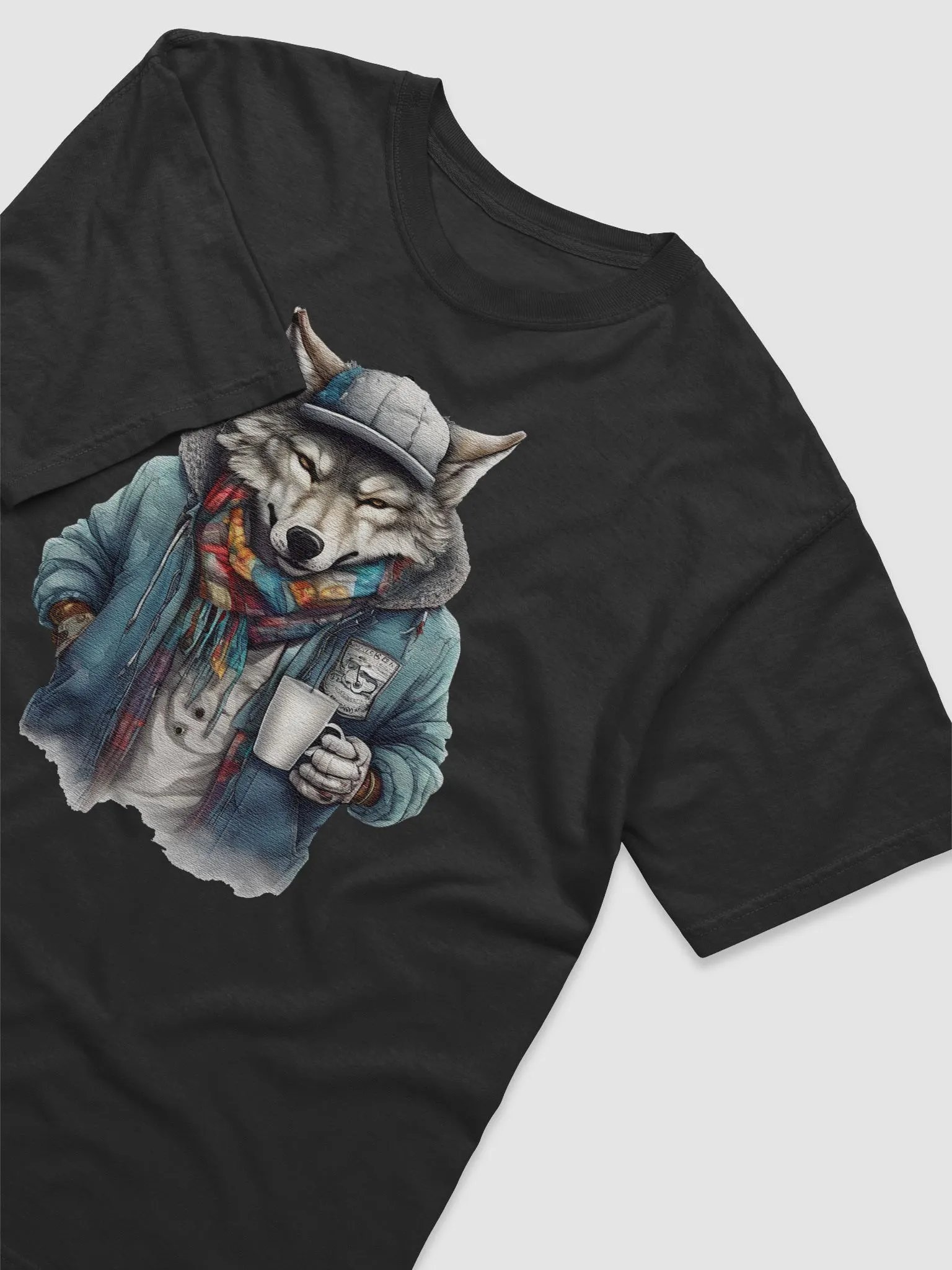 Wolf wearing a jacket holding a cup coffee product image (3)