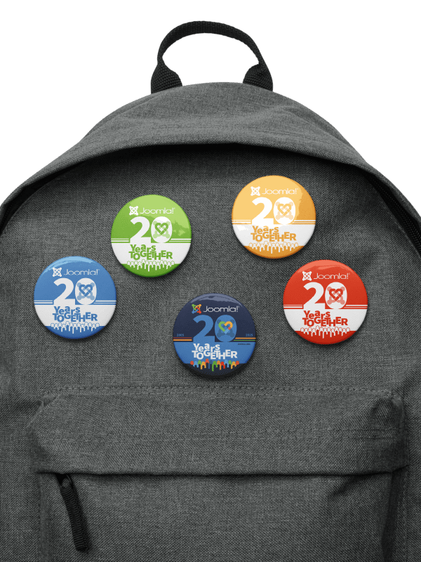 Joomla! 20th Anniversary Edition<br /> — JColours Set of Pin Buttons — <br />2.25″ (56.25 mm) product image (2)