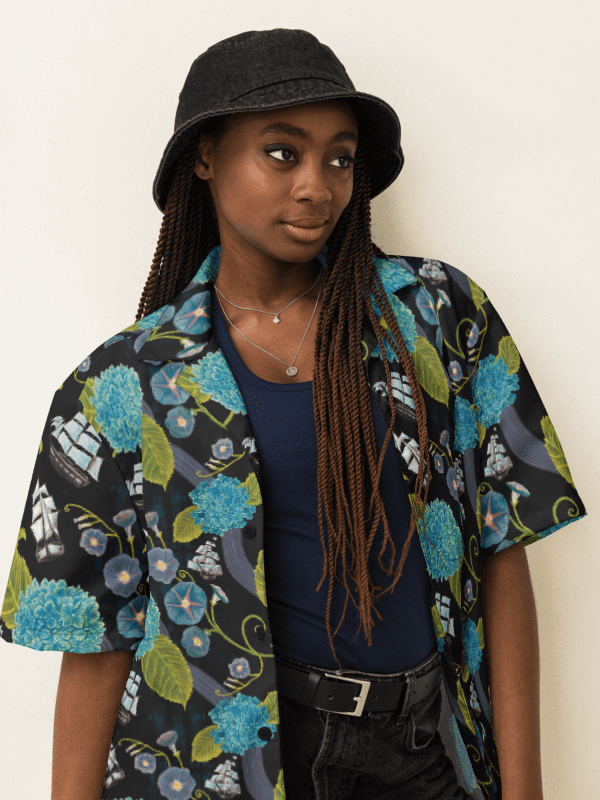Women's | Seafarer’s Bloom | Tall Ships & Blue Hydrangeas Hawaiian Shirt – Nautical & Bold product image (1)