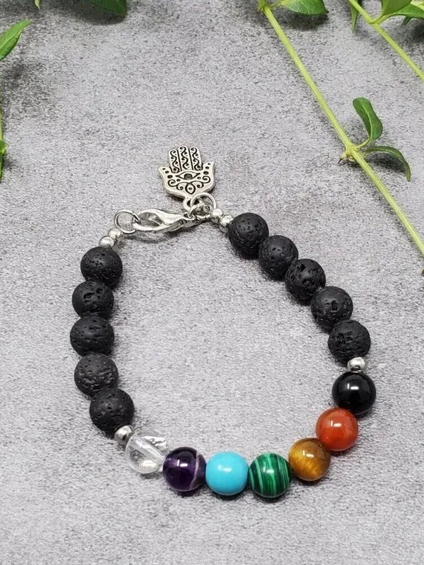 Chakra Aromatherapy Bracelet – Lava Stone, 7 Chakra Healing Crystals & Hamsa Protection Jewelry product image (1)