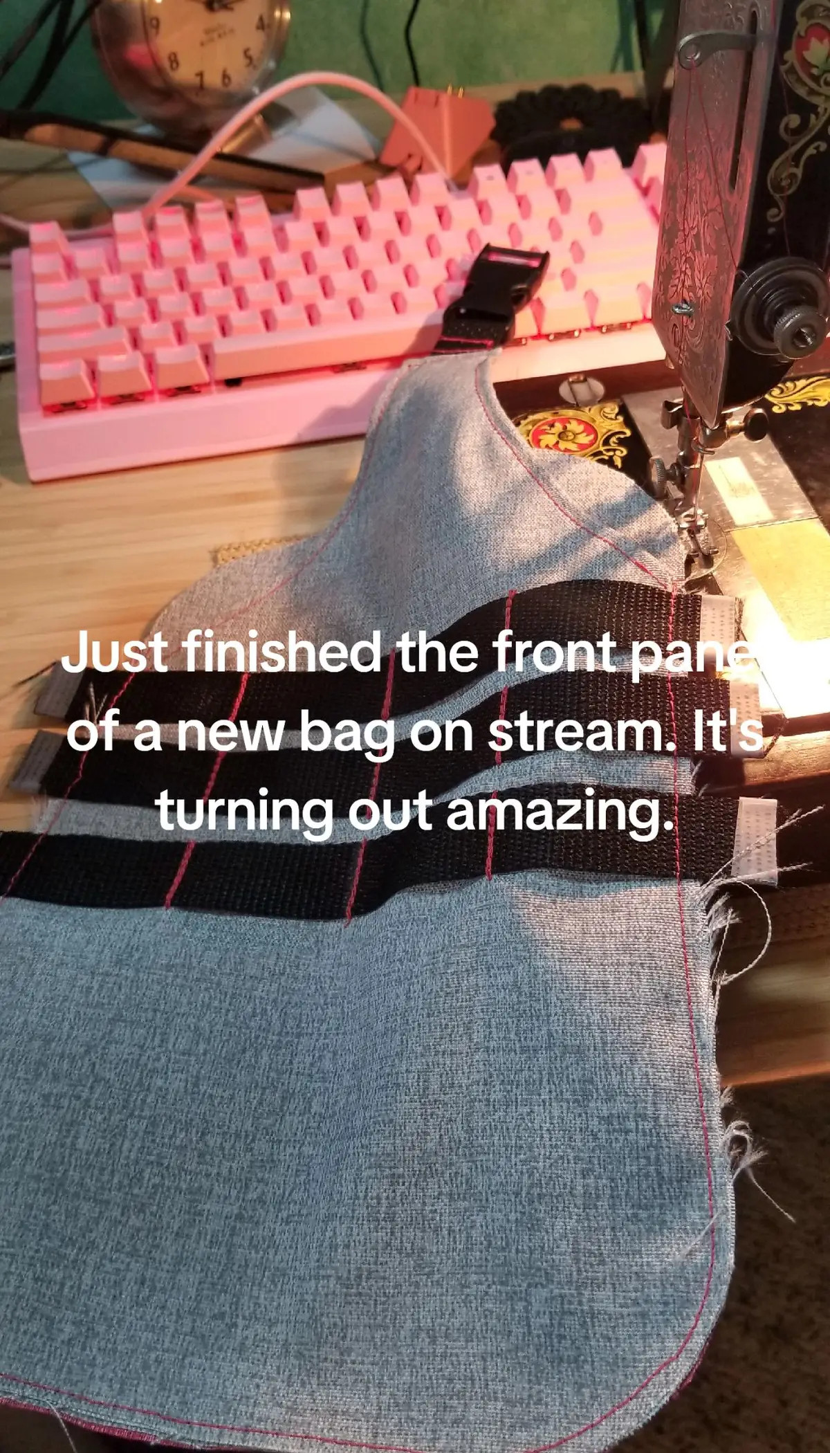 Latest project on stream has been a lot of fun. It's a commission for a sling bag. Yes, that is the machine sewing it. It's a Singer 128 from my grandmother and my great grandmother. The machine just had her 100th birthday.#vintage #sewing #sewingtiktok #maker 