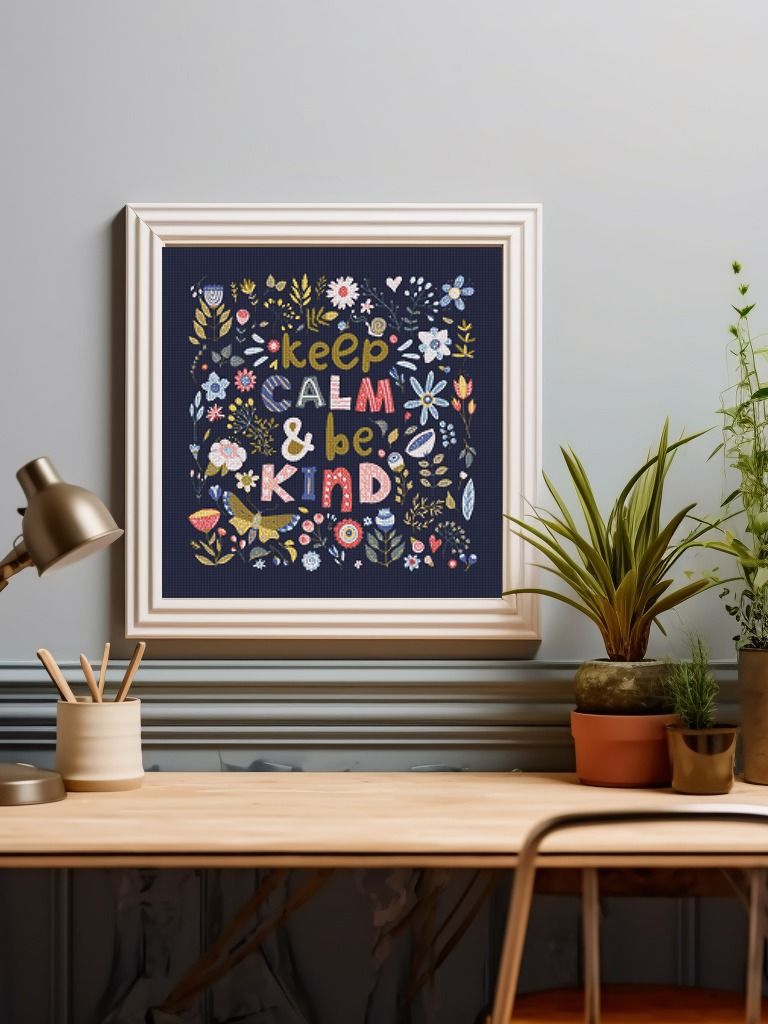 Keep Calm & Be Kind | Whimsical Flowers | Butterfly & Flowers Printable Cross Stitch Pattern for Child's Room product image (2)