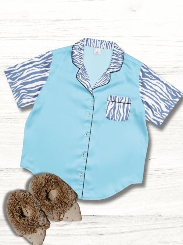 blue patterned silky pajama top for her product image (1)