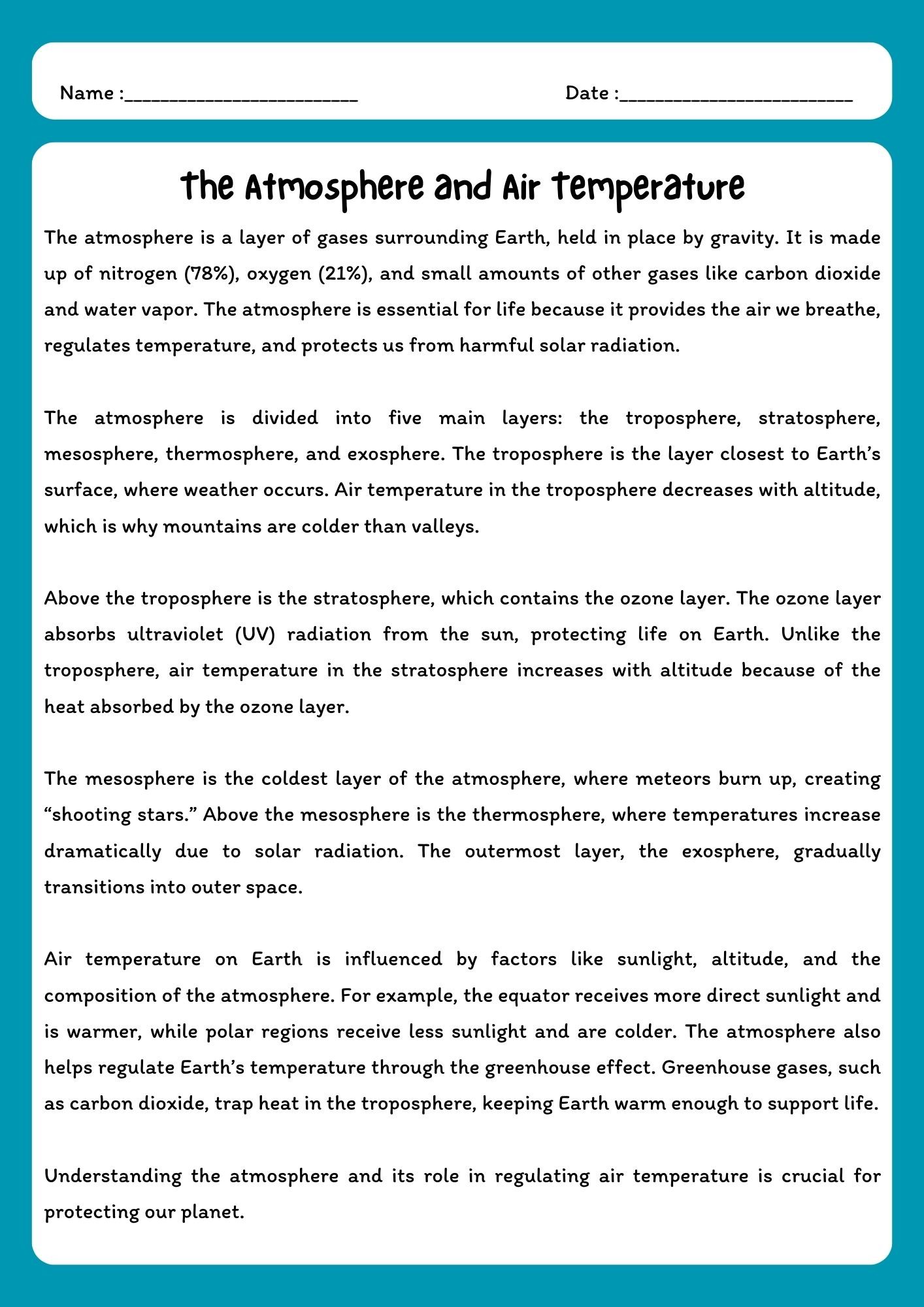 Atmosphere and Air Temperature Reading Comprehension Passage with Questions product image (1)