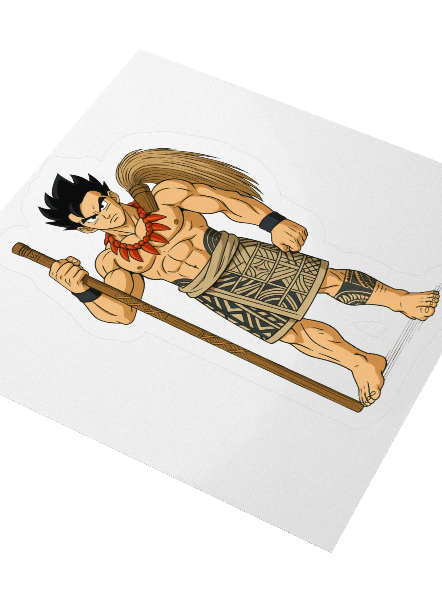 Anime-Inspired Samoan Matai Warrior Kiss-Cut Sticker – Polynesian Pe‘a Tattoo & Fue Design product image (8)