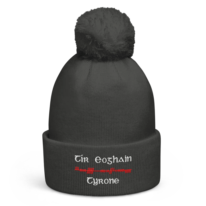 Tyrone/Tír Eoghain, Orthodox style Ogham, red and white, embroidered Pom-Pom Beanie product image (4)
