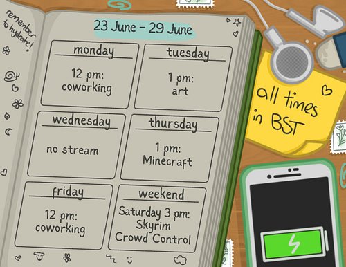🗓️ 23 June - 29 June ✨ Art, coworking, cozy gaming 🩵 All times listed in BST. #twitch #twitchaffiliate #twitchstreamer #strea...