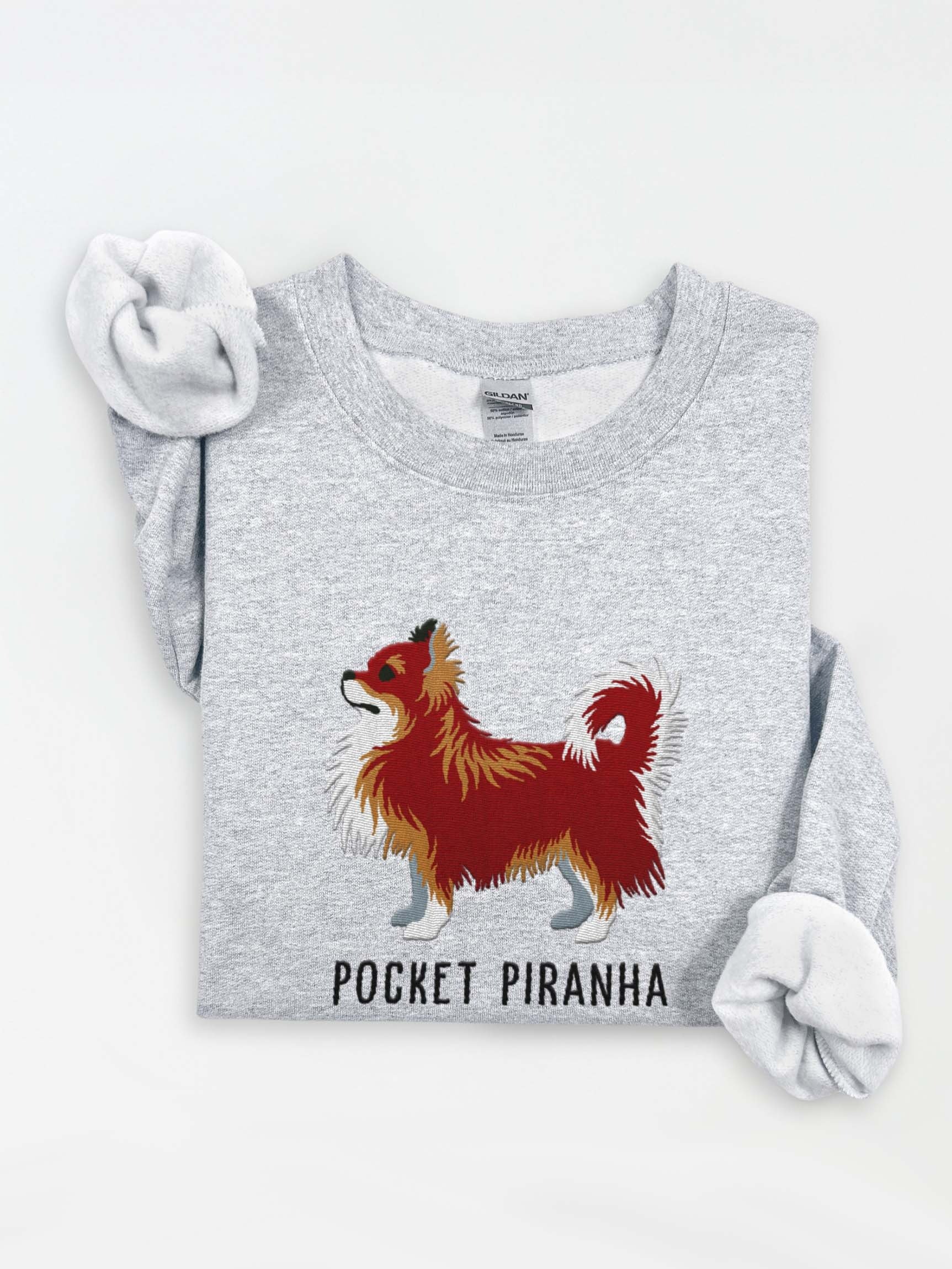 Pocket Piranha Sweatshirt (Embroidered) of a Longhaired Chihuahua(Chocolate) product image (1)