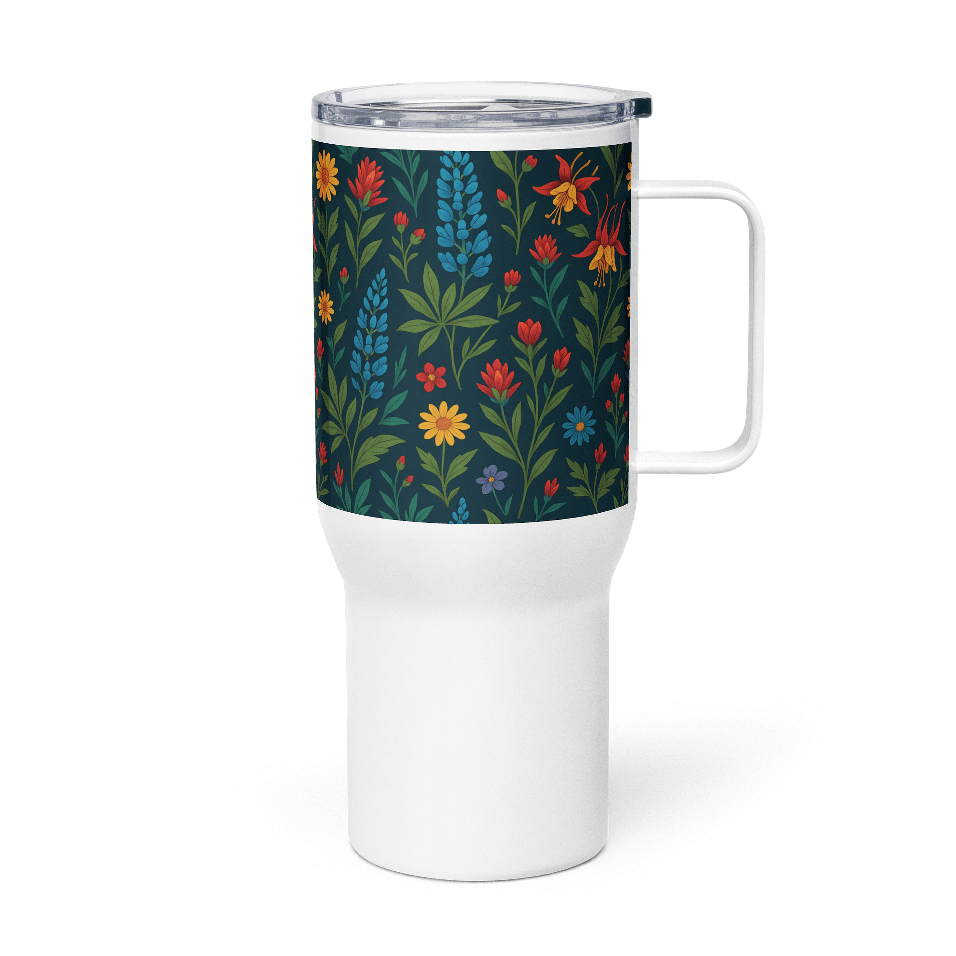 Floral Travel Mug with Handle – Dark Botanical Print with Daisies, Lilies & Wildflowers product image (3)